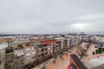 an overhead view of a city with buildings at Apartman Nika in Pirot