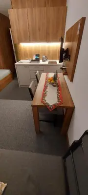 a kitchen with a wooden table and a counter at PAHULJA Vila Bela Reka Kopaonik Brzeće in Brzeće