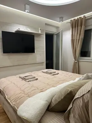a bedroom with a large bed with a flat screen tv at Magic Apartments Sokobanja in Soko Banja