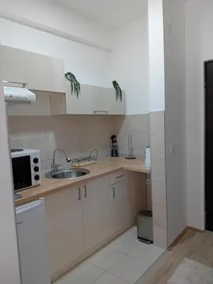 a white kitchen with a sink and a microwave at Apartman N Jagodina in Jagodina