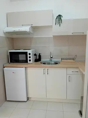 a white kitchen with a sink and a microwave at Apartman N Jagodina in Jagodina