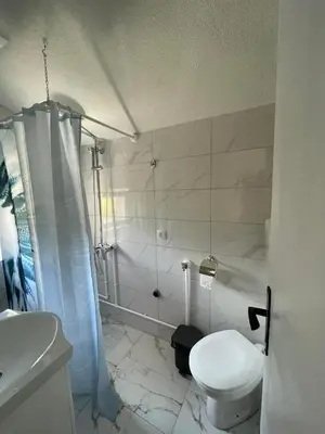 a bathroom with a toilet and a shower and a sink at Apartman Jovanović in Jošanička Banja