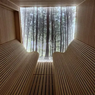 a room with a large window in a forest at Tontic Lux Milmari in Kopaonik