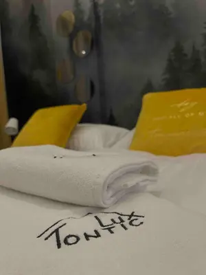a white towel sitting on top of a bed at Tontic Lux Residence Hill 53 in Kopaonik