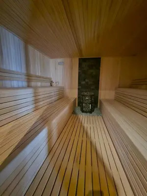 an empty sauna with a fireplace in the middle at Tontic Lux Residence Hill 53 in Kopaonik