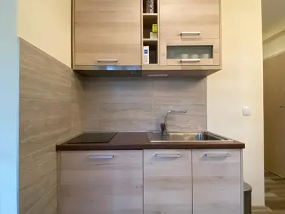 a kitchen with wooden cabinets and a sink at Apartman Zvončica 29 in Kopaonik