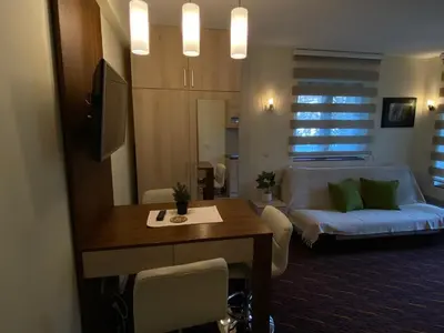 a living room with a bed and a table in a room at Apartman Zvončica 29 in Kopaonik