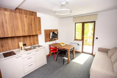 a kitchen and living room with a table and a couch at Vila Bela reka in Brzeće