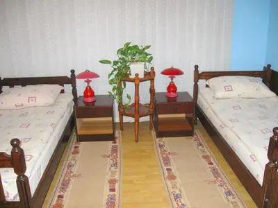 two beds in a room with two lamps and a plant at Amfora Rooms Caribrod in Dimitrovgrad