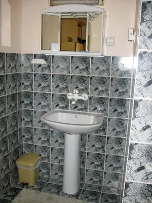 a bathroom with a sink and a mirror at Amfora Rooms Caribrod in Dimitrovgrad