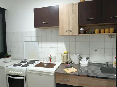 a kitchen with a white stove and a sink at Apartman 019 in Zaječar