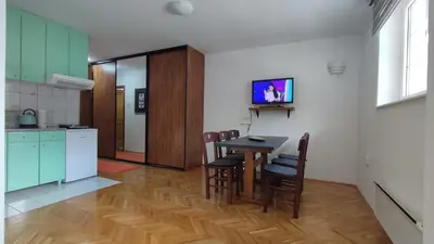 a kitchen and dining room with a table and chairs at BeoKop Apartment in Brzeće