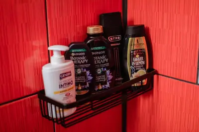 a shelf with bottles of hair products on a red wall at Stan na dan Premium 030 in Bor