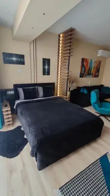 a bedroom with a large black bed and a couch at Stan na dan Premium 030 in Bor