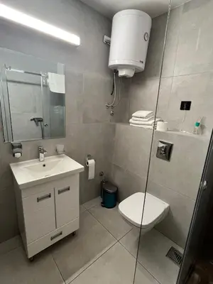 a bathroom with a toilet and a sink and a shower at Apartman Staša Zoned II in Kopaonik