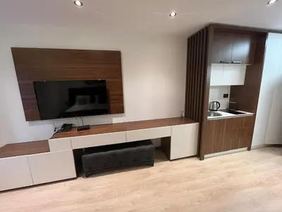 a living room with a flat screen tv on a wall at Apartman Staša Zoned II in Kopaonik