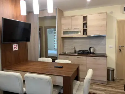 a kitchen and dining room with a wooden table and chairs at Vila Zvončica Apartman Z12 in Kopaonik