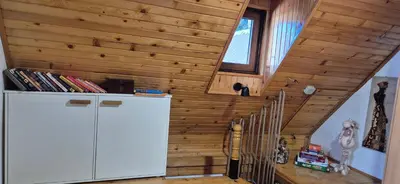 a room with a refrigerator and a wooden wall at Kućerak na Kopu in Kopaonik