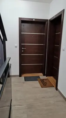 a room with a brown door and a rug at Apartman S16 Vrnjačka Banja in Vrnjačka Banja