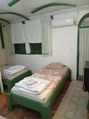 two beds in a room with two windows at BUMBAR ETNO DVORAC in Tekija