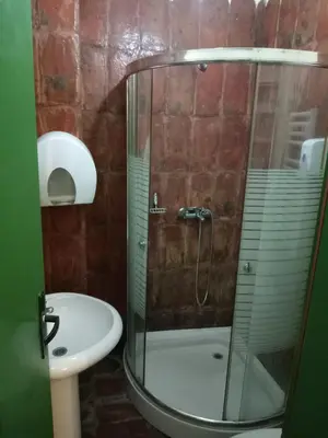 a bathroom with a glass shower and a sink at BUMBAR ETNO DVORAC in Tekija