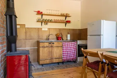 a kitchen with a stove and a table at Mir i planina in Bučje