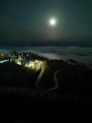 a night view of a road with the moon in the sky at Dux Apartmani - Milmari, Kopaonik in Cajetina