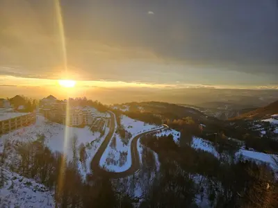 an aerial view of a resort in the snow at Dux Apartmani - Milmari, Kopaonik in Cajetina