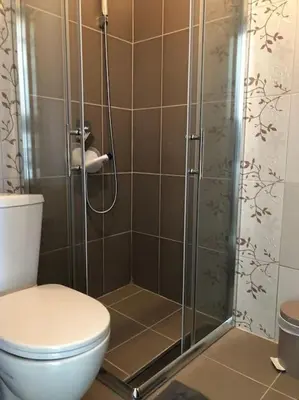 a bathroom with a toilet and a shower at Cozy Mountain View Apartment in Kopaonik