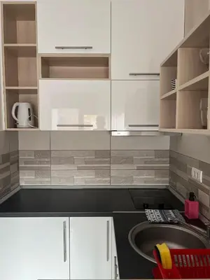 a kitchen with white cabinets and a sink at Apartman Sita in Vrnjačka Banja