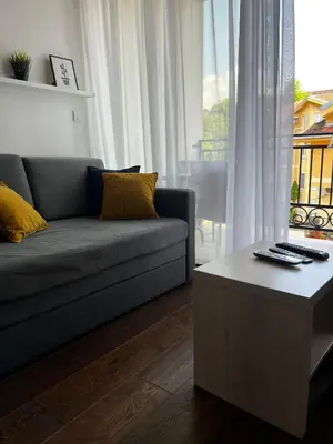 a living room with a couch and a coffee table at Apartman Sita in Vrnjačka Banja