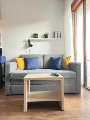 a living room with a couch and a coffee table at Apartman Sita in Vrnjačka Banja