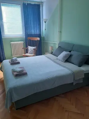 a bedroom with a large bed with two towels on it at Apartman Oskar in Bor