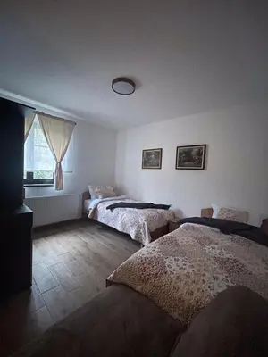 a bedroom with two beds and a window at Konačište Zaplanjsko ognjište in Donji Dušnik