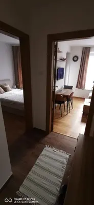 a living room with a bed and a dining room at Apartman Andjelkovic in Soko Banja