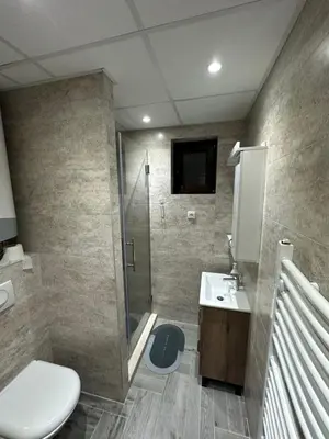 a bathroom with a shower and a toilet and a sink at MB Apartmani Kopaonik in Kopaonik