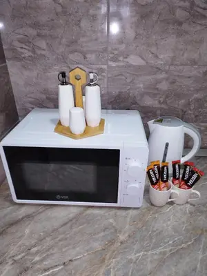 a white microwave sitting on top of a counter at APARTMAN ANDREA in Leskovac