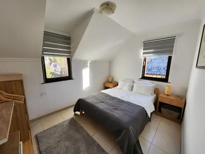 a small bedroom with a bed and two windows at Detelina in Kopaonik