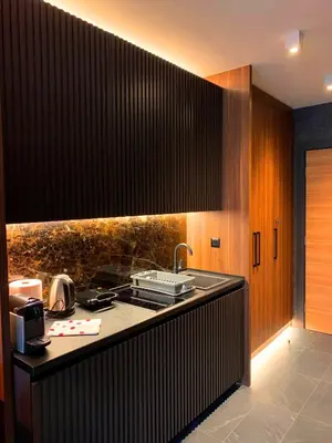 a kitchen with a sink and a counter top at Woodside Kopaonik - Malo jezero, FREE Parking & SPA in Kopaonik