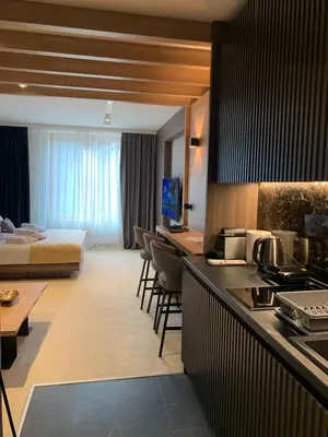 a hotel room with a kitchen and a bedroom at Woodside Kopaonik - Malo jezero, FREE Parking & SPA in Kopaonik