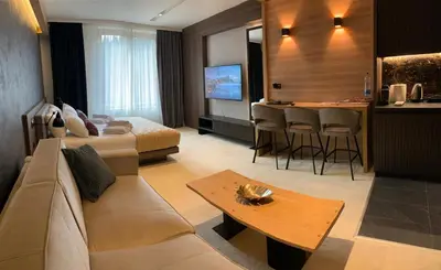 a hotel room with a bed and a couch and a table at Woodside Kopaonik - Malo jezero, FREE Parking & SPA in Kopaonik