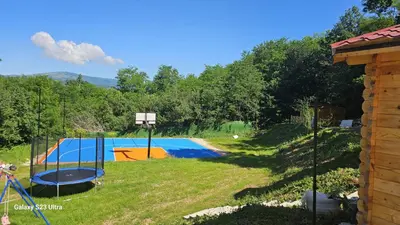 a basketball court in a yard with a basketball hoop at ETNO Selo STRAŽA in Pirot