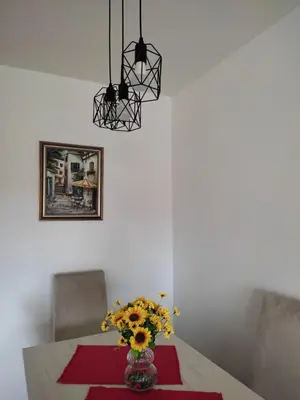 a dining room table with a vase of flowers on it at Apartman Petra in Niš