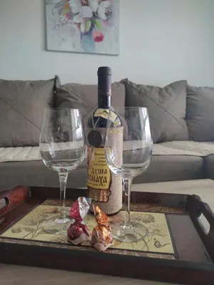 a tray with a bottle of wine and two wine glasses at Apartman Petra in Niš