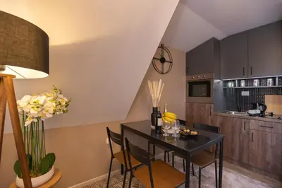 a kitchen and dining room with a black table and chairs at Velickovic Alibi in Kopaonik