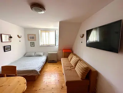 a bedroom with a couch and a flat screen tv at Brzeće - Bele staze Nikola in Brzeće