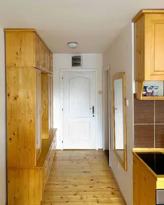 a kitchen with wooden floors and a white door at Brzeće - Bele staze Nikola in Brzeće