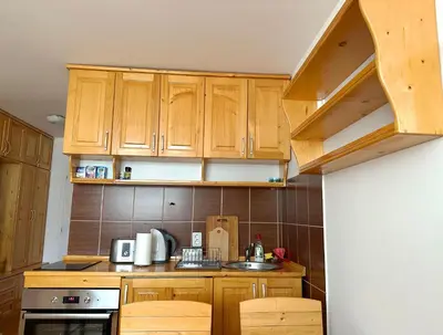 a small kitchen with wooden cabinets and a sink at Brzeće - Bele staze Nikola in Brzeće