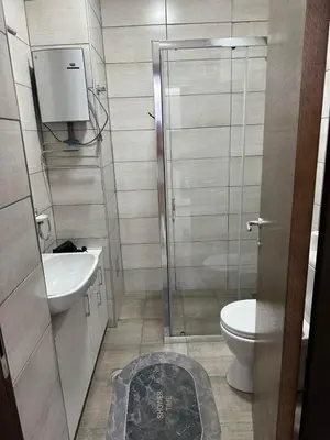 a bathroom with a shower and a toilet and a sink at apartmanjagodinaana in Jagodina