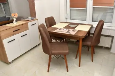 a dining room table and chairs in a kitchen at Grof apartmani in Zaječar